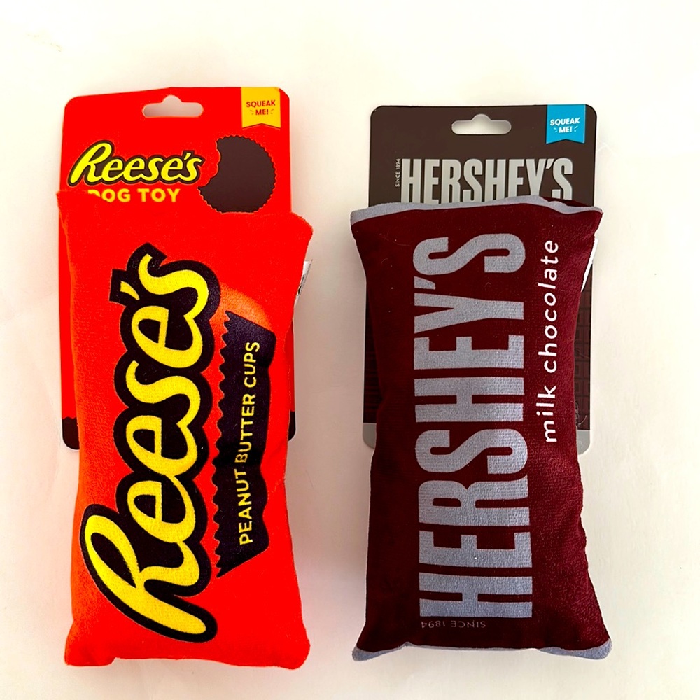 Hershey and Reese’s crinkle and squeak dog toys
